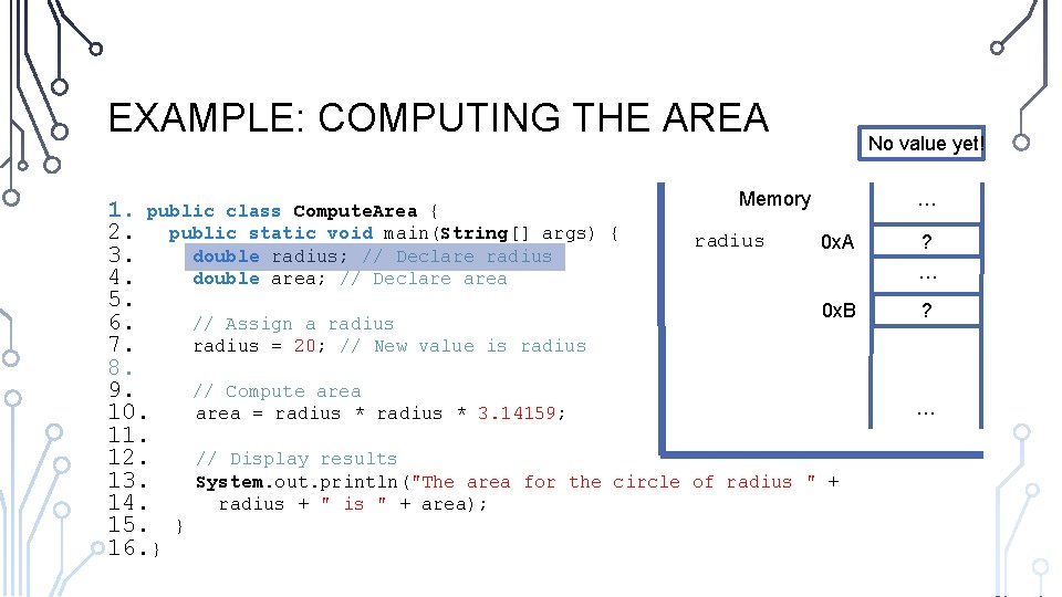 EXAMPLE: COMPUTING THE AREA Memory 1. public class Compute. Area { 2. public static