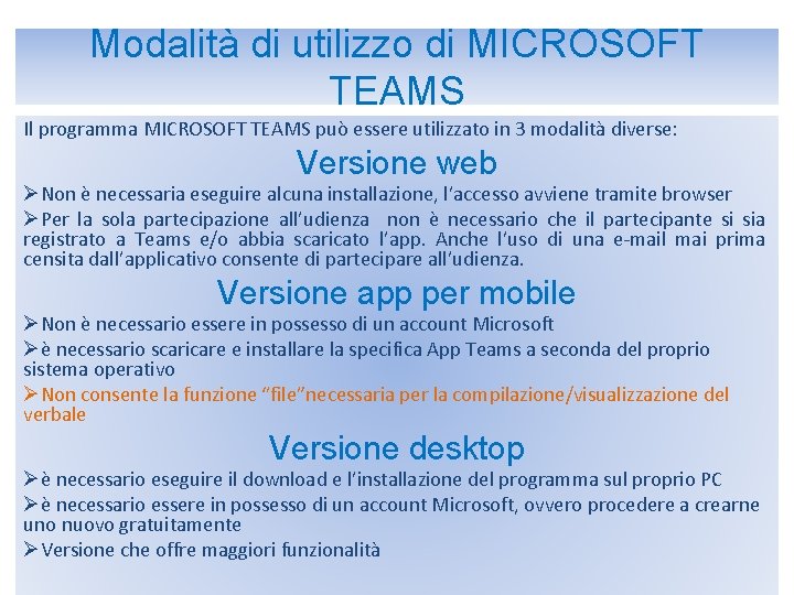 Modalità di utilizzo di MICROSOFT TEAMS Il programma MICROSOFT TEAMS può essere utilizzato in