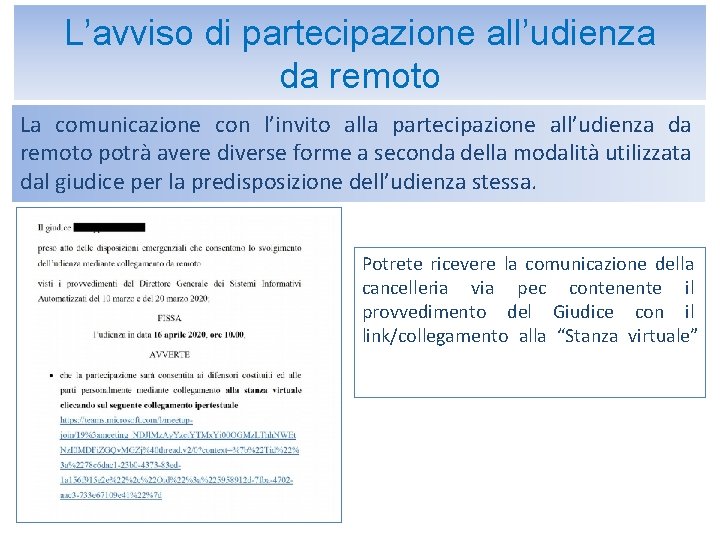 L’avviso di partecipazione all’udienza da remoto La comunicazione con l’invito alla partecipazione all’udienza da