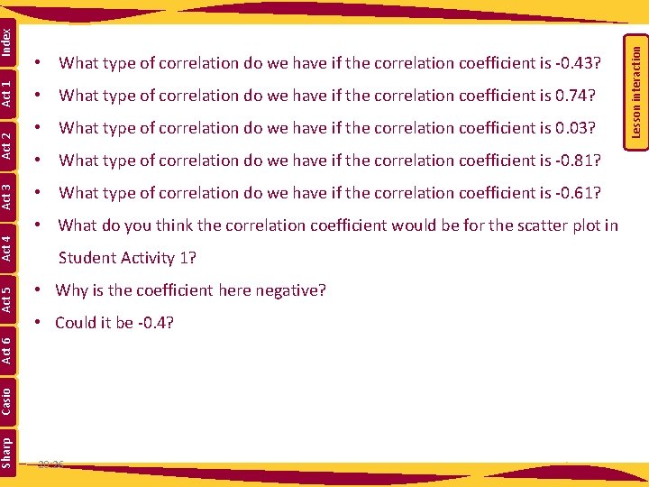  • What type of correlation do we have if the correlation coefficient is