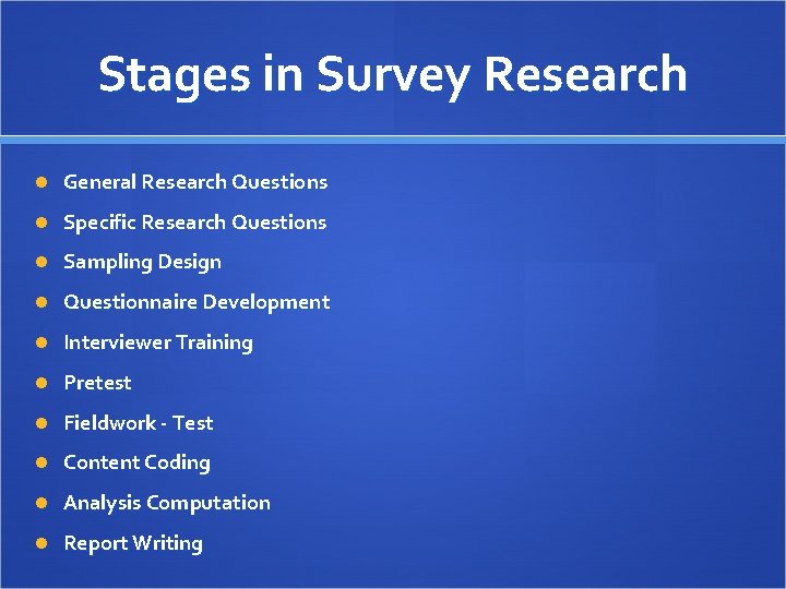 Stages in Survey Research General Research Questions Specific Research Questions Sampling Design Questionnaire Development