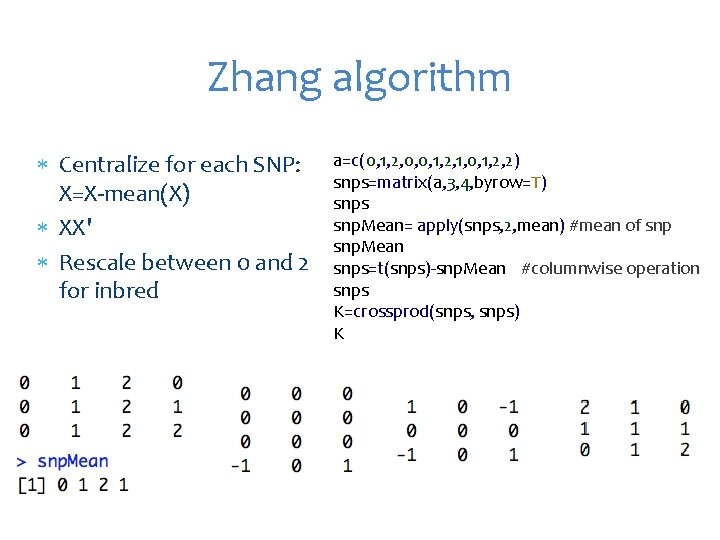 Zhang algorithm Centralize for each SNP: X=X-mean(X) XX' Rescale between 0 and 2 for