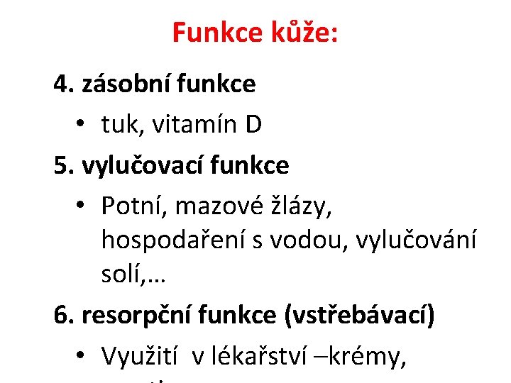 Funkce kůže: 4. zásobní funkce • tuk, vitamín D 5. vylučovací funkce • Potní, Funkce kůže: 4. zásobní funkce • tuk, vitamín D 5. vylučovací funkce • Potní,