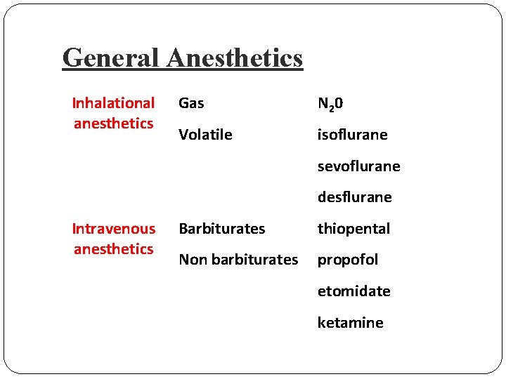  General Anesthetics Inhalational anesthetics Gas N 20 Volatile isoflurane sevoflurane desflurane Intravenous anesthetics