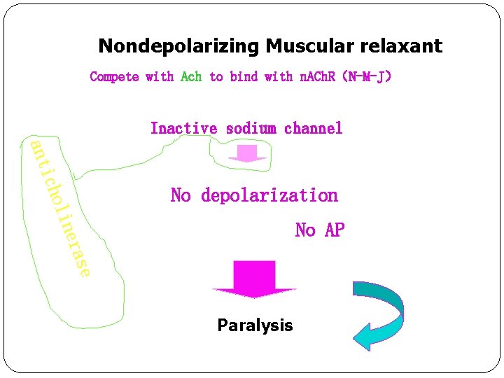 Nondepolarizing Muscular relaxant 　Compete with Ach to bind with n. ACh. R（N-M-J） Inactive sodium