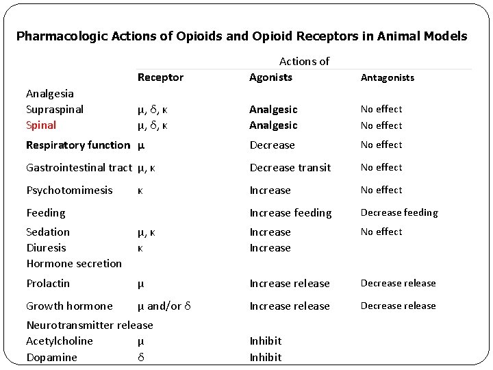 Pharmacologic Actions of Opioids and Opioid Receptors in Animal Models Receptor Actions of Agonists