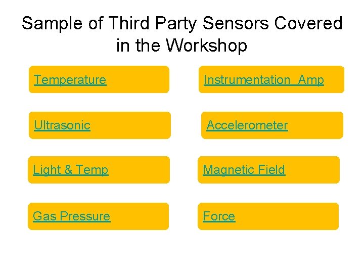 Sample of Third Party Sensors Covered in the Workshop Temperature Instrumentation Amp Ultrasonic Accelerometer