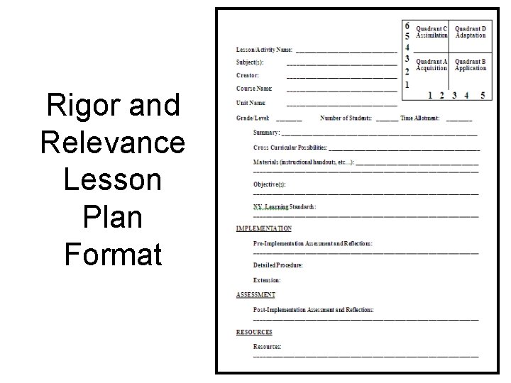 Rigor and Relevance Lesson Plan Format 