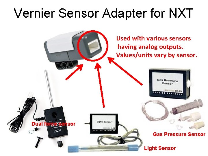 Vernier Sensor Adapter for NXT Used with various sensors having analog outputs. Values/units vary