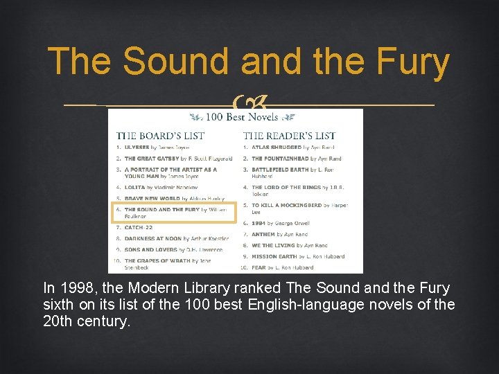 The Sound and the Fury In 1998, the Modern Library ranked The Sound and