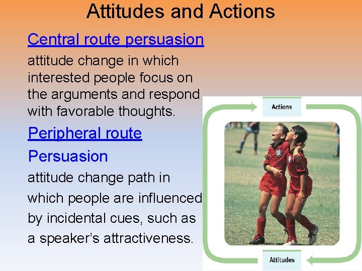 Attitudes and Actions Central route persuasion attitude change in which interested people focus on