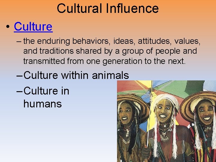 Cultural Influence • Culture – the enduring behaviors, ideas, attitudes, values, and traditions shared
