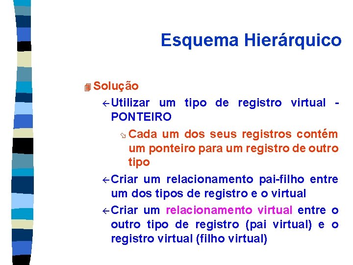 Esquema Hierárquico 4 Solução ß Utilizar um tipo de registro virtual PONTEIRO ø Cada