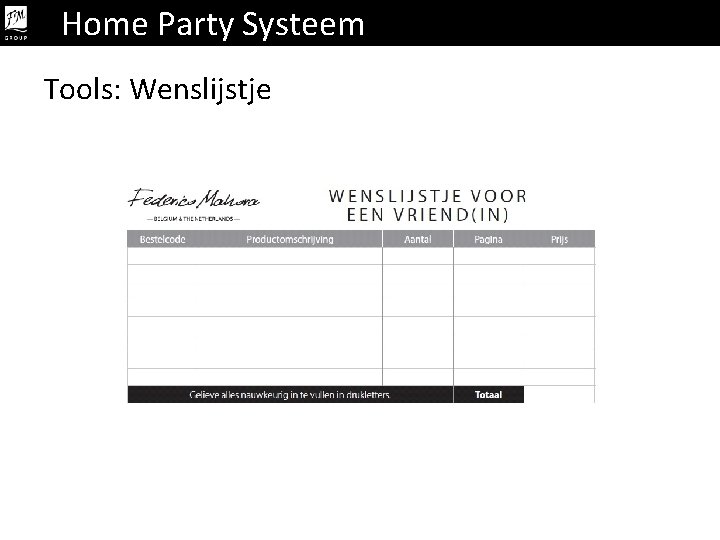 Home Party Systeem Tools: Wenslijstje 