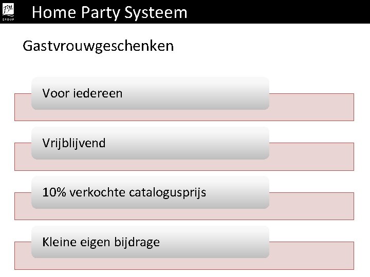 Home Party Systeem Gastvrouwgeschenken Voor iedereen Vrijblijvend 10% verkochte catalogusprijs Kleine eigen bijdrage 