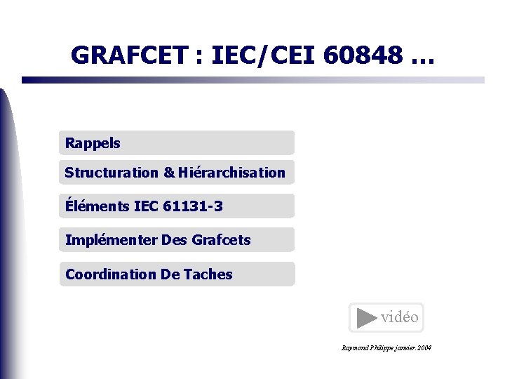 GRAFCET : IEC/CEI 60848 … Rappels Structuration & Hiérarchisation Éléments IEC 61131 -3 Implémenter