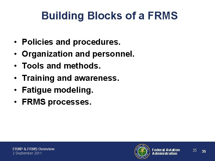 Building Blocks of a FRMS • • • Policies and procedures. Organization and personnel.