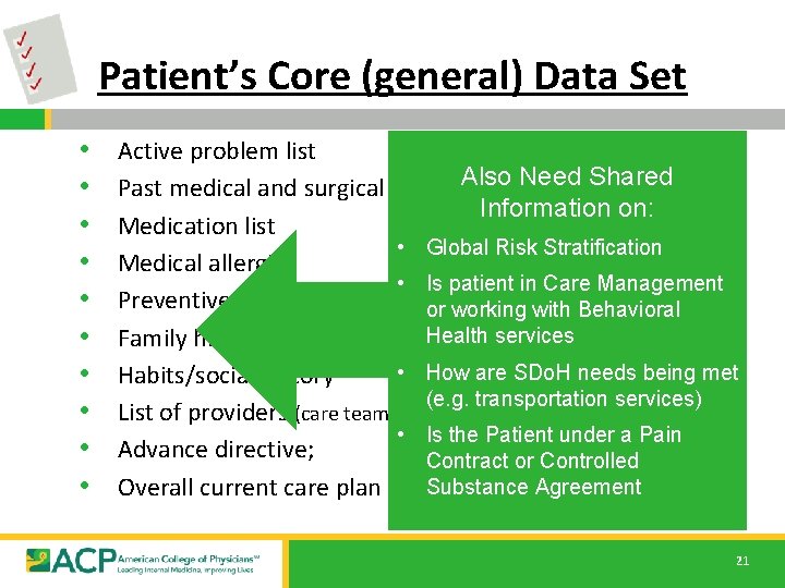 Patient’s Core (general) Data Set • • • Active problem list Past medical and Patient’s Core (general) Data Set • • • Active problem list Past medical and