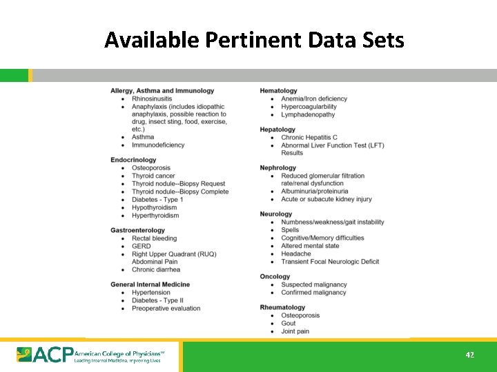 Available Pertinent Data Sets 42 Available Pertinent Data Sets 42