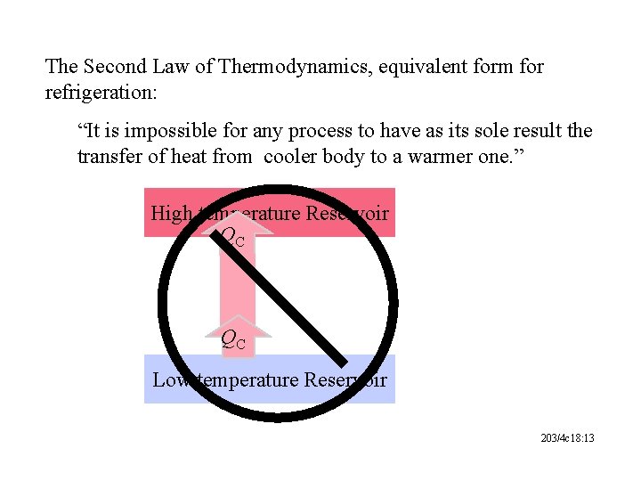 The Second Law of Thermodynamics, equivalent form for refrigeration: “It is impossible for any