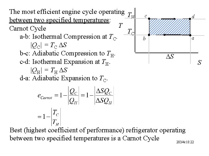 The most efficient engine cycle operating T H between two specified temperatures: T Carnot