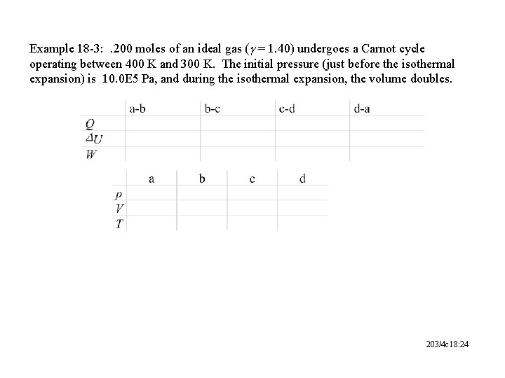 Example 18 -3: . 200 moles of an ideal gas (g = 1. 40)