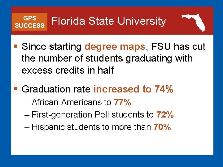 GPS SUCCESS Florida State University § Since starting degree maps, FSU has cut the