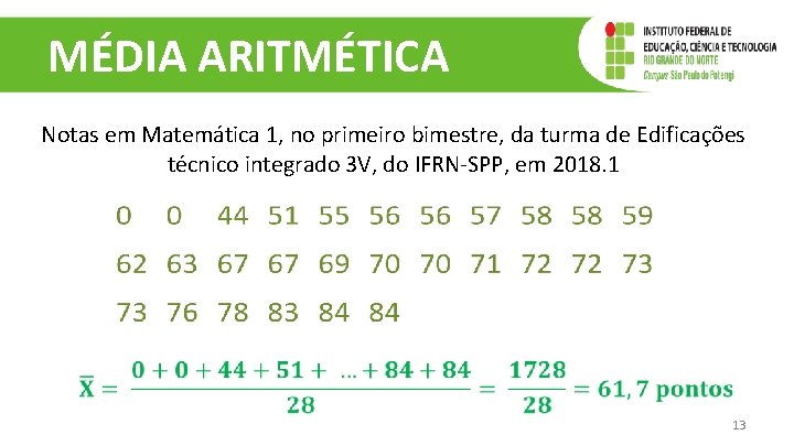 MÉDIA ARITMÉTICA Notas em Matemática 1, no primeiro bimestre, da turma de Edificações técnico