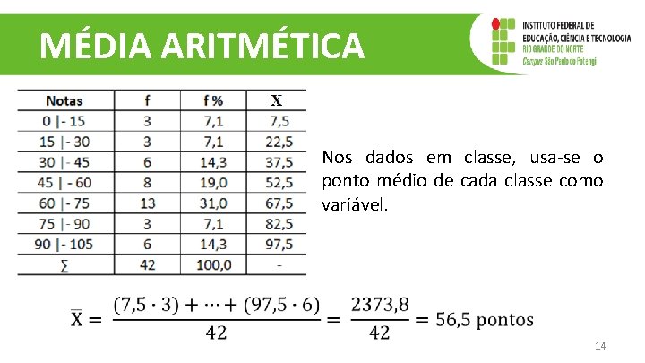 MÉDIA ARITMÉTICA Nos dados em classe, usa-se o ponto médio de cada classe como