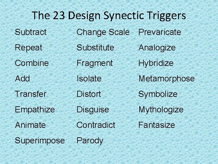 The 23 Design Synectic Triggers Subtract Change Scale Prevaricate Repeat Substitute Analogize Combine Fragment