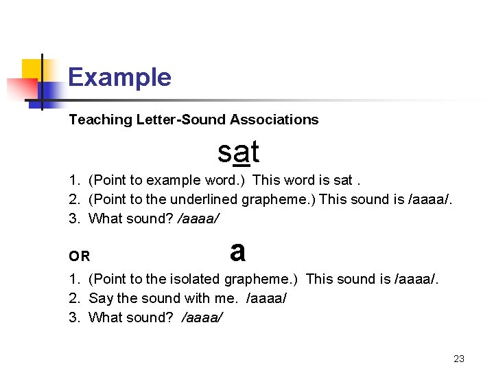 Example Teaching Letter-Sound Associations sat 1. (Point to example word. ) This word is