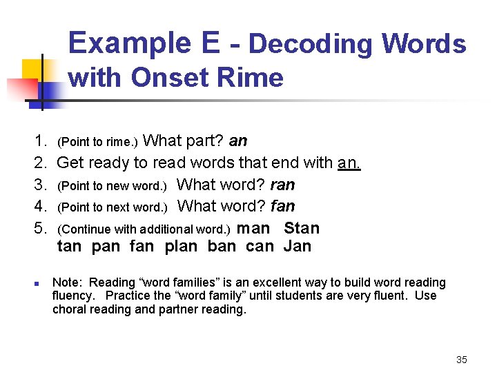 Example E - Decoding Words with Onset Rime 1. (Point to rime. ) What