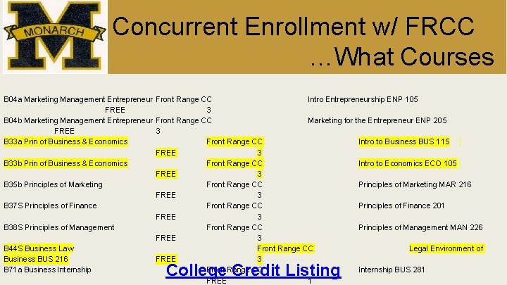 Concurrent Enrollment w/ FRCC …What Courses B 04 a Marketing Management Entrepreneur Front Range