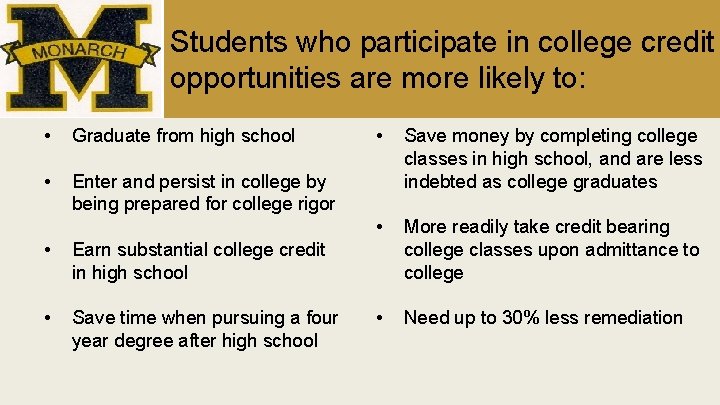 Students who participate in college credit opportunities are more likely to: • Graduate from
