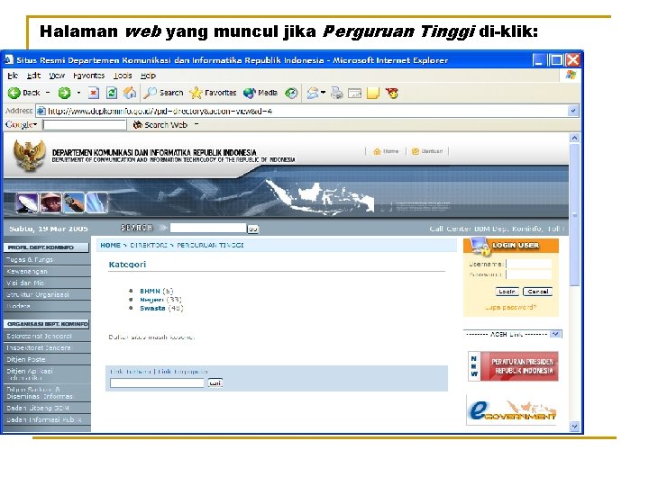 Halaman web yang muncul jika Perguruan Tinggi di-klik: 