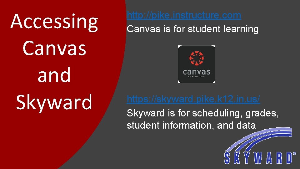 Accessing Canvas and Skyward http: //pike. instructure. com Canvas is for student learning https: