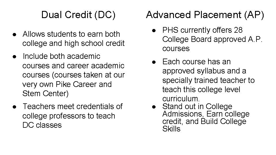 Dual Credit (DC) ● Allows students to earn both college and high school credit