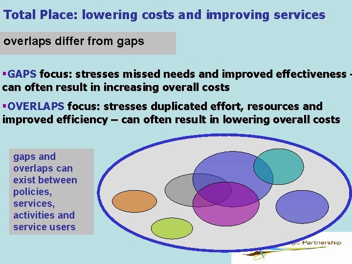 Total Place: lowering costs and improving services overlaps differ from gaps §GAPS focus: stresses
