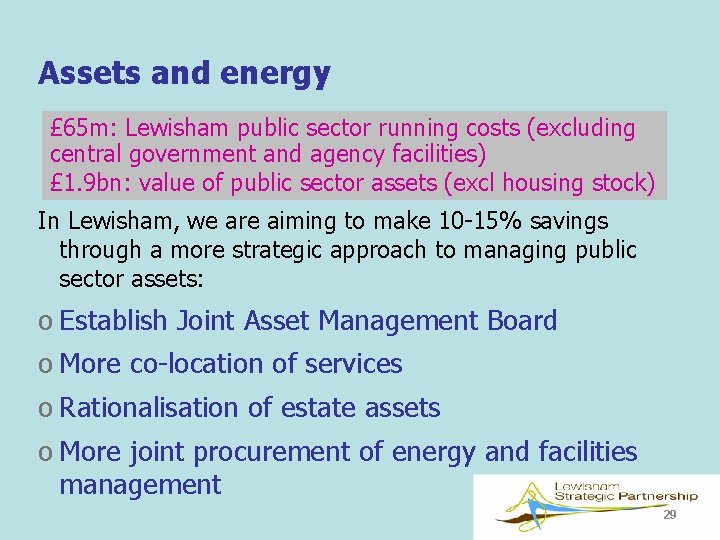 Assets and energy £ 65 m: Lewisham public sector running costs (excluding central government