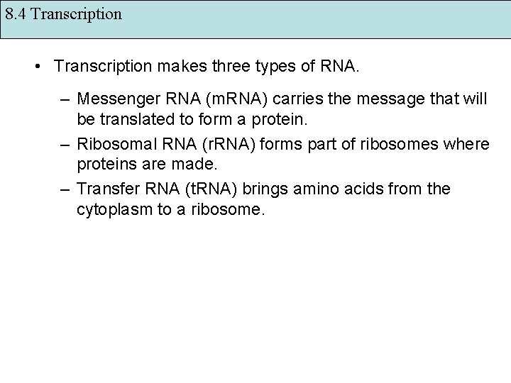 8. 4 Transcription • Transcription makes three types of RNA. – Messenger RNA (m.