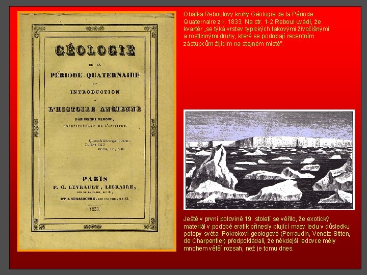 Obálka Reboulovy knihy Géologie de la Période Quaternaire z r. 1833. Na str. 1