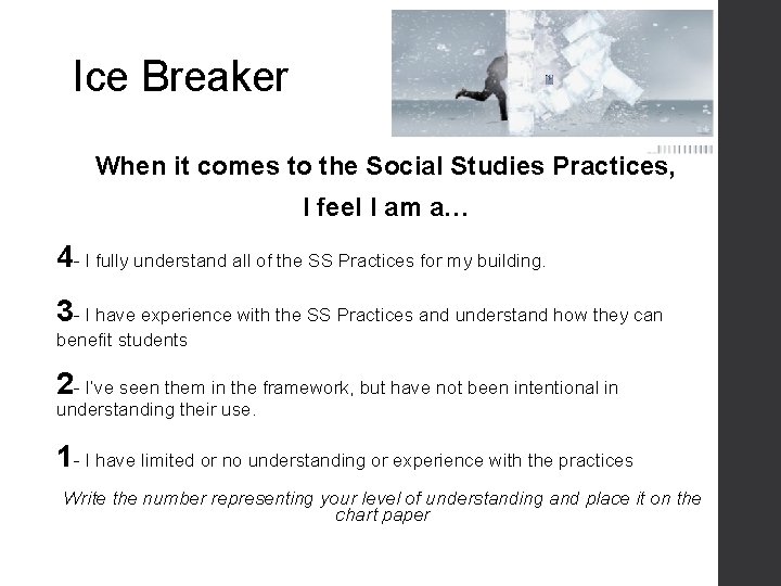 Ice Breaker When it comes to the Social Studies Practices, I feel I am