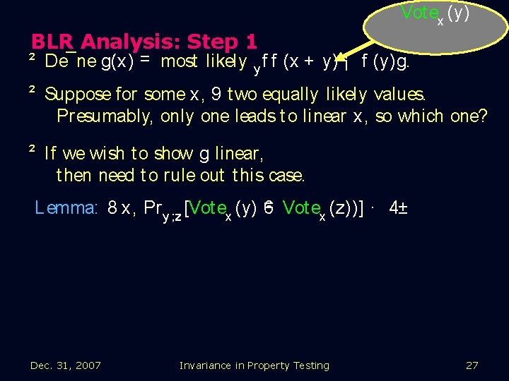 Vot ex (y) BLR Analysis: Step 1 ² De¯ne g(x) = most likely y