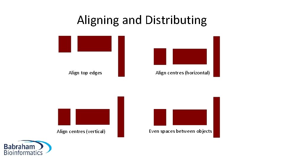 Aligning and Distributing Align top edges Align centres (vertical) Align centres (horizontal) Even spaces