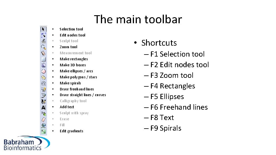  • • • • • The main toolbar Selection tool Edit nodes tool