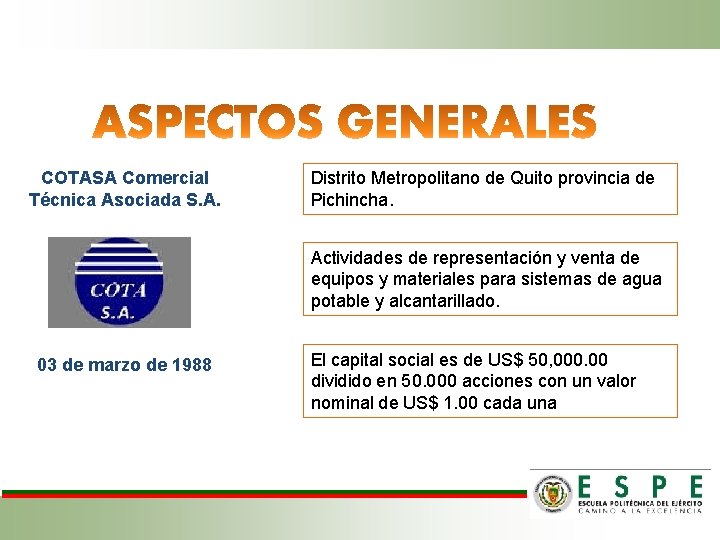 COTASA Comercial Técnica Asociada S. A. Distrito Metropolitano de Quito provincia de Pichincha. Actividades