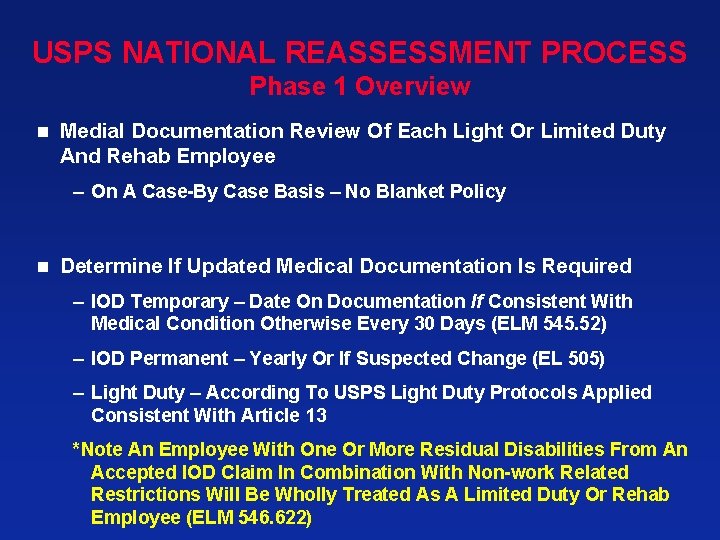 USPS NATIONAL REASSESSMENT PROCESS Phase 1 Overview n Medial Documentation Review Of Each Light