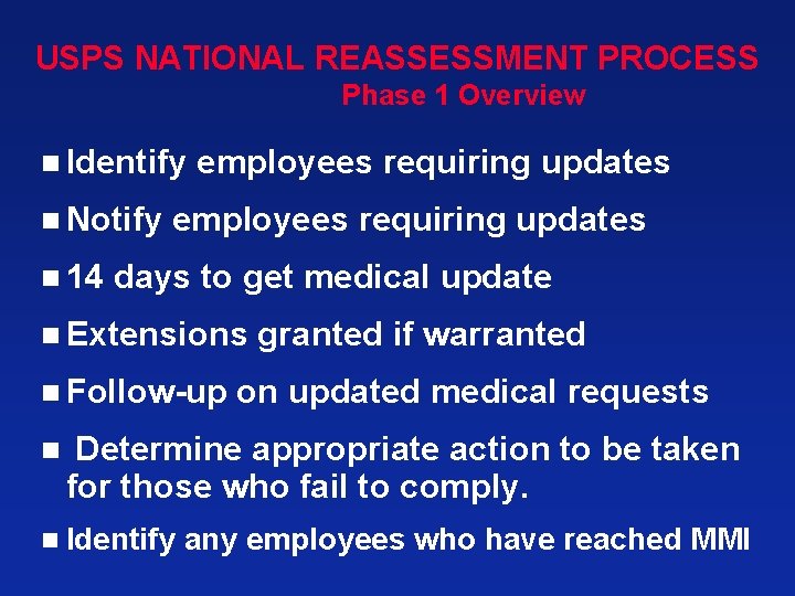 USPS NATIONAL REASSESSMENT PROCESS Phase 1 Overview n Identify employees requiring updates n Notify