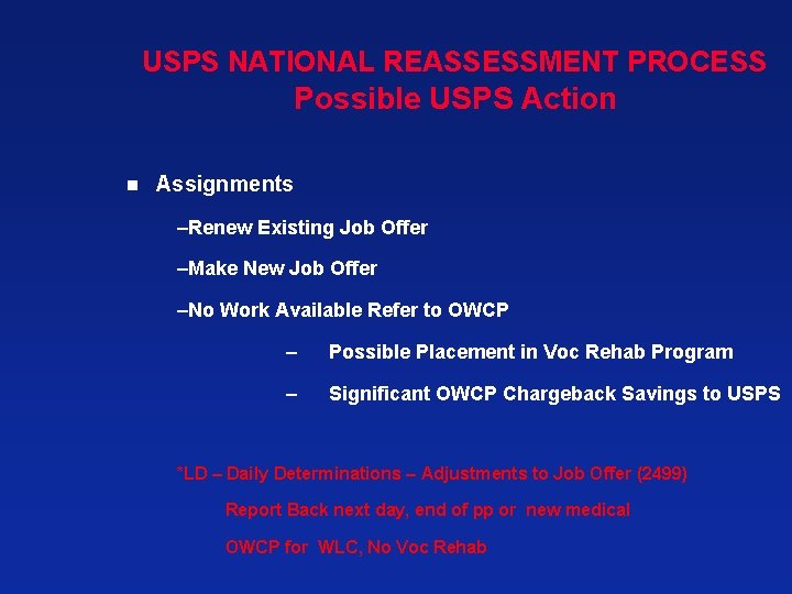 USPS NATIONAL REASSESSMENT PROCESS Possible USPS Action n Assignments –Renew Existing Job Offer –Make