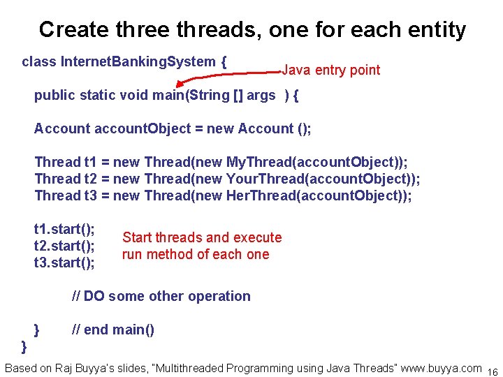 Create threads, one for each entity class Internet. Banking. System { Java entry point